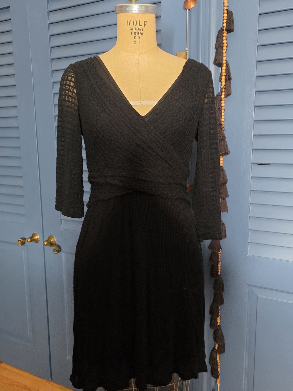 Black Textured Wrap V-Neck Women's Dress